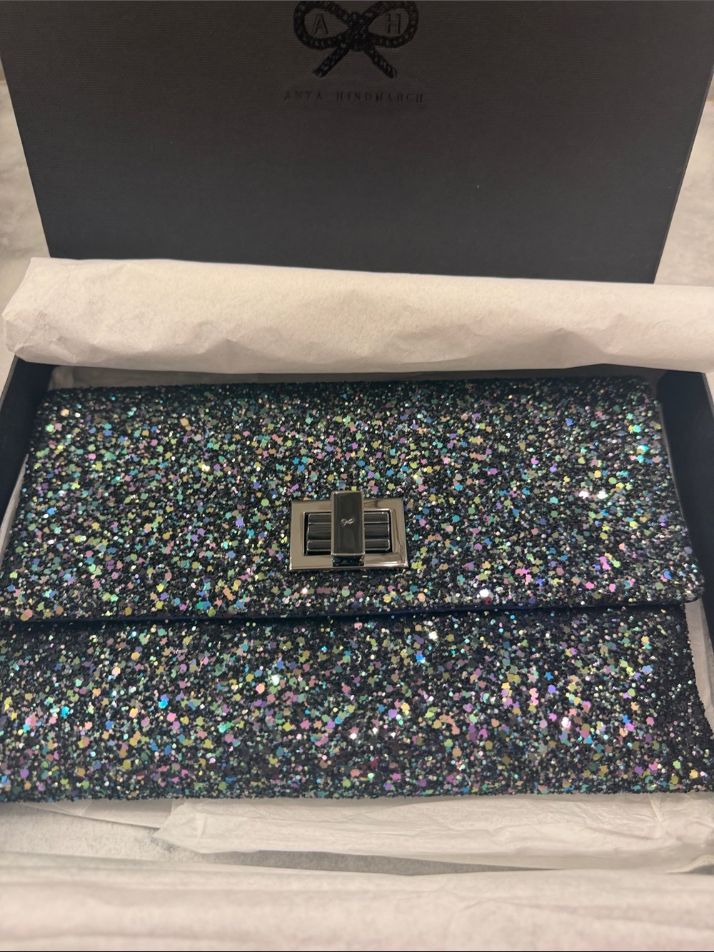 Anya Hindmarch Black Multi Glitter Foldover Clutch